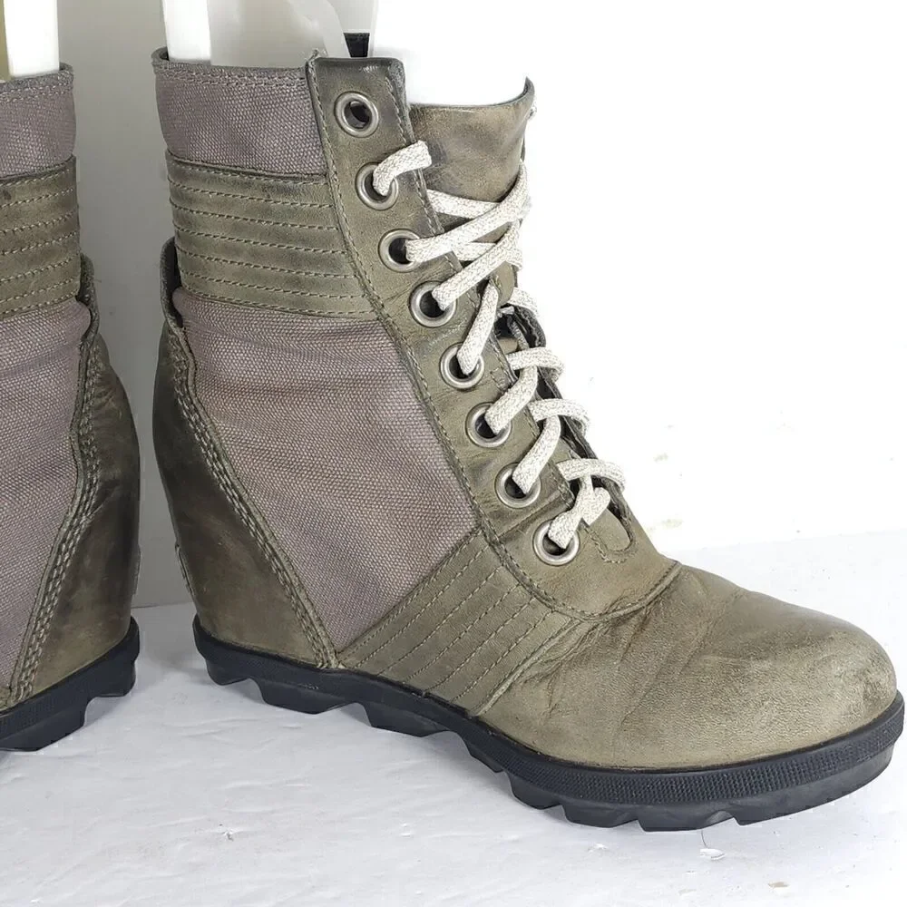 Sorel Womens Lexie US7 Gray Distressed Leather Canvas Lace Up Wedge Ankle Boots